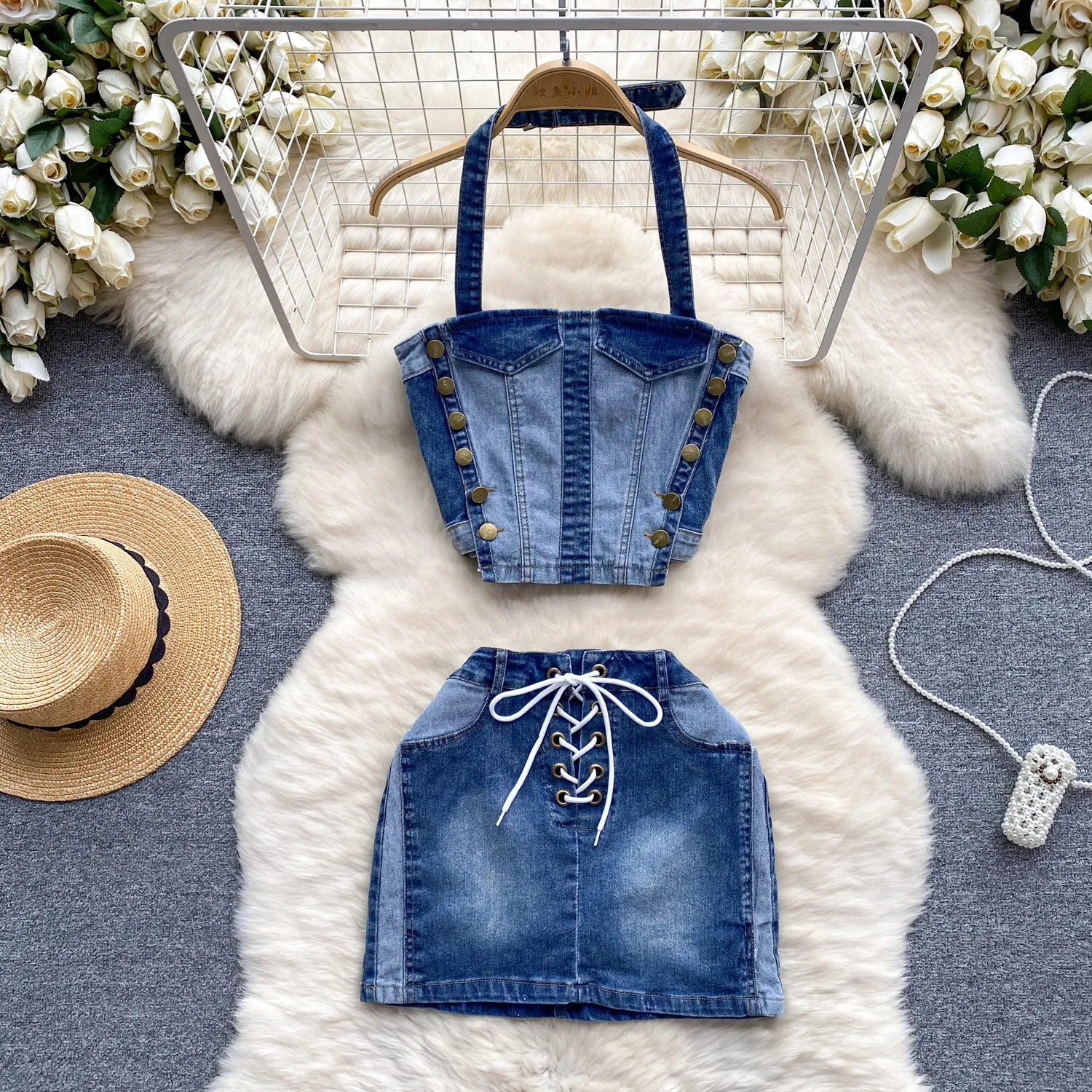 European and American spicy girl style denim suit, women's design sense, double breasted hanging neck top, short versatile half skirt two-piece set