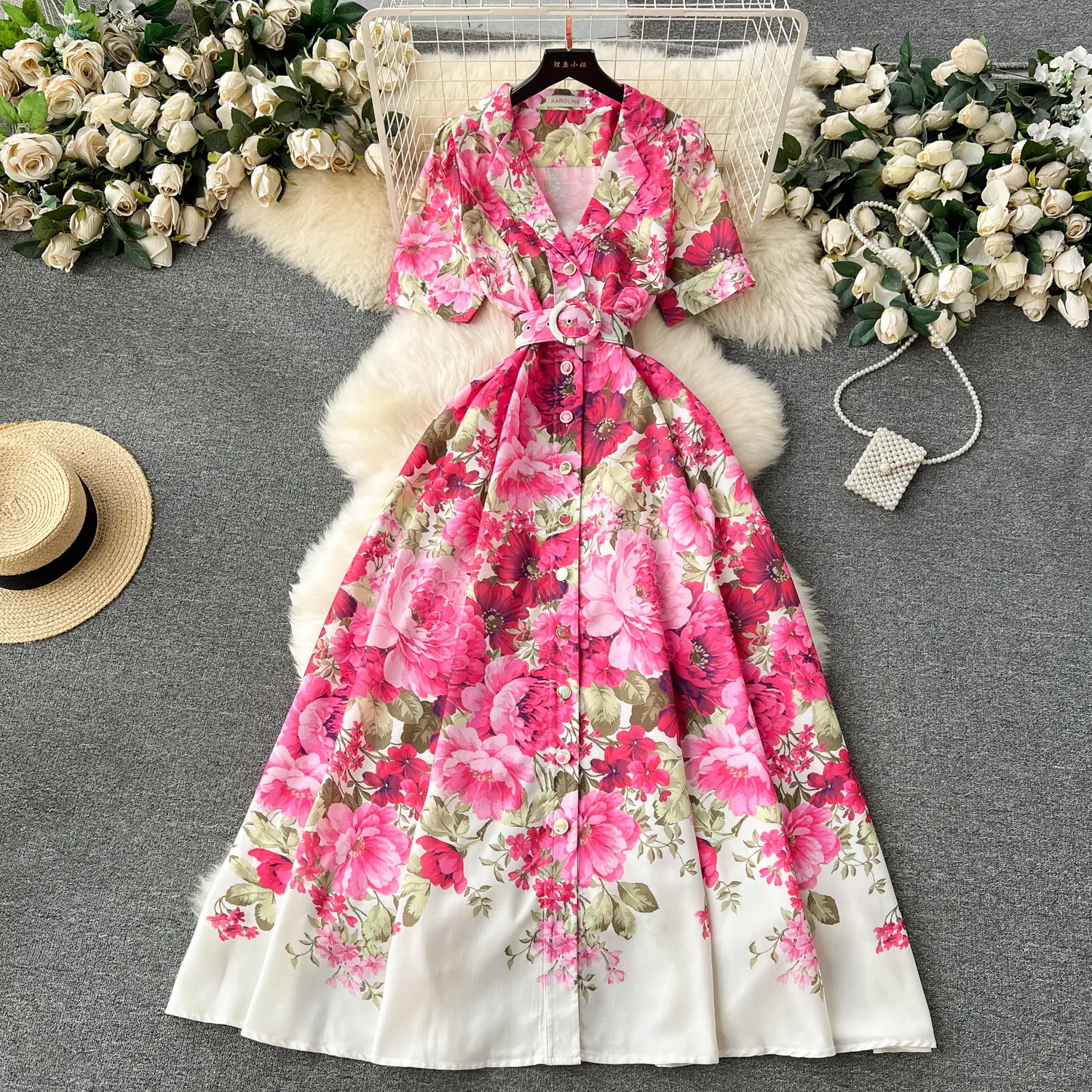 Fanhua series 2024 early spring new high-end suit collar buckle slim fit long style temperament dress for women