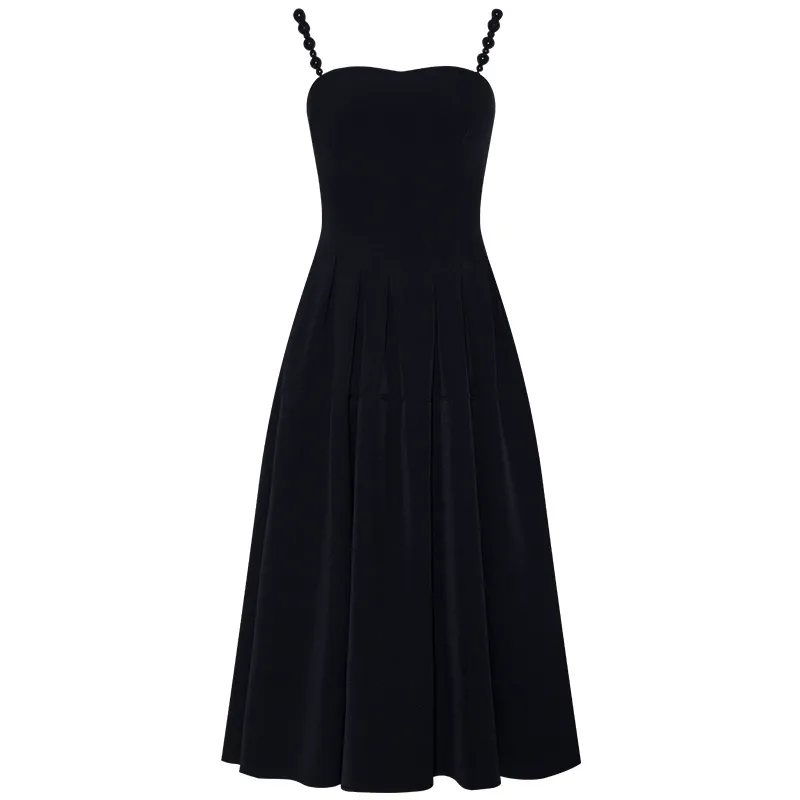 Autumn and Winter New Product Simple and Sexy Small Black Skirt Long Dress Women's Elegant Beaded Slim Fit Waist Wrap Dress