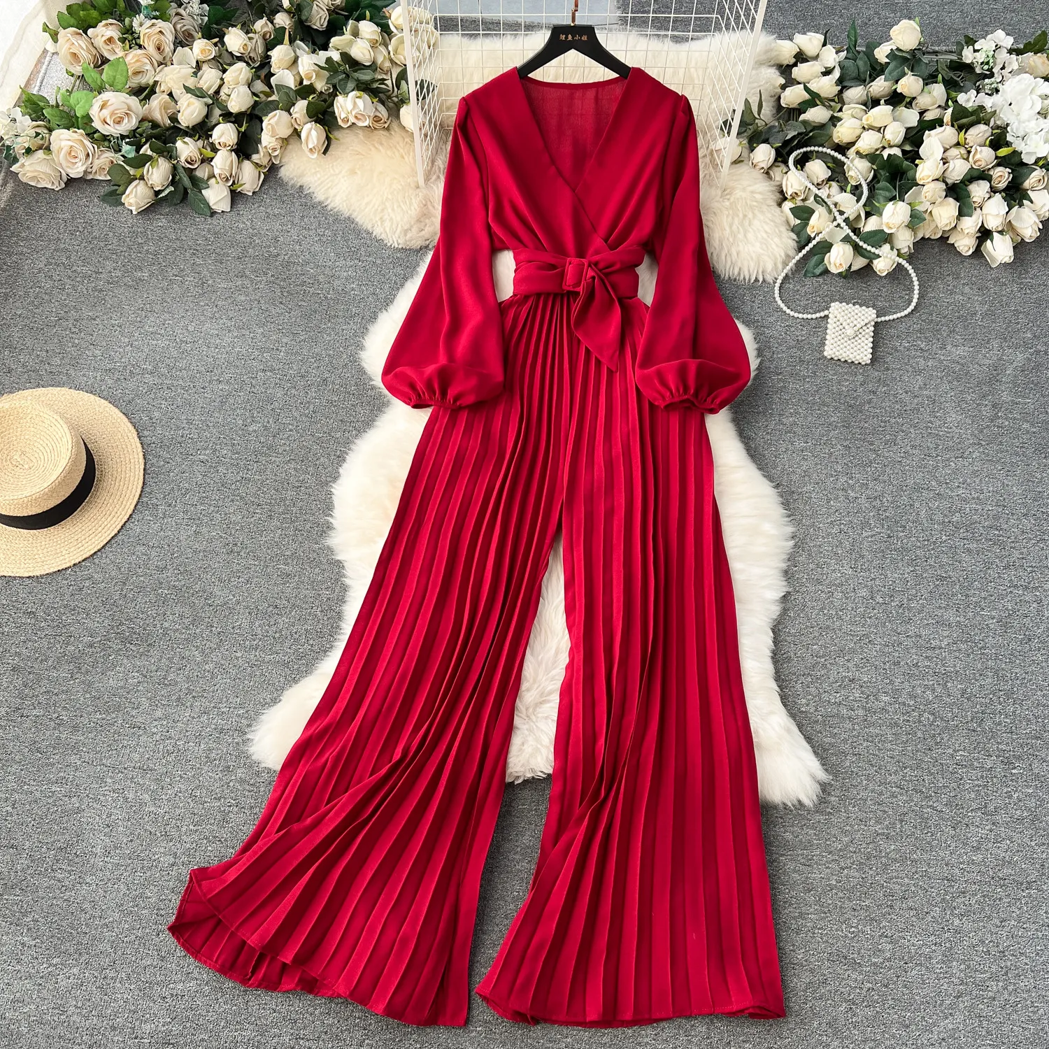 European and American Bubble Sleeves jumpsuit for women in early spring 2024, new temperament V-neck tie up waist long pressed pleated wide leg pants