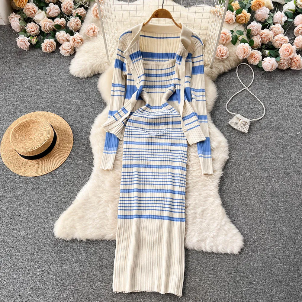 Autumn and Winter Celebrity Stripe Set Women's Long sleeved Polo Neck Knitted Shawl Cardigan+suspender Dress Long Dress Two Piece Set