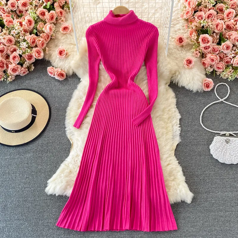 Paired with a coat lining, pleated long skirt, slim fit, half high collar, knee length sweater dress, women's knitted dress