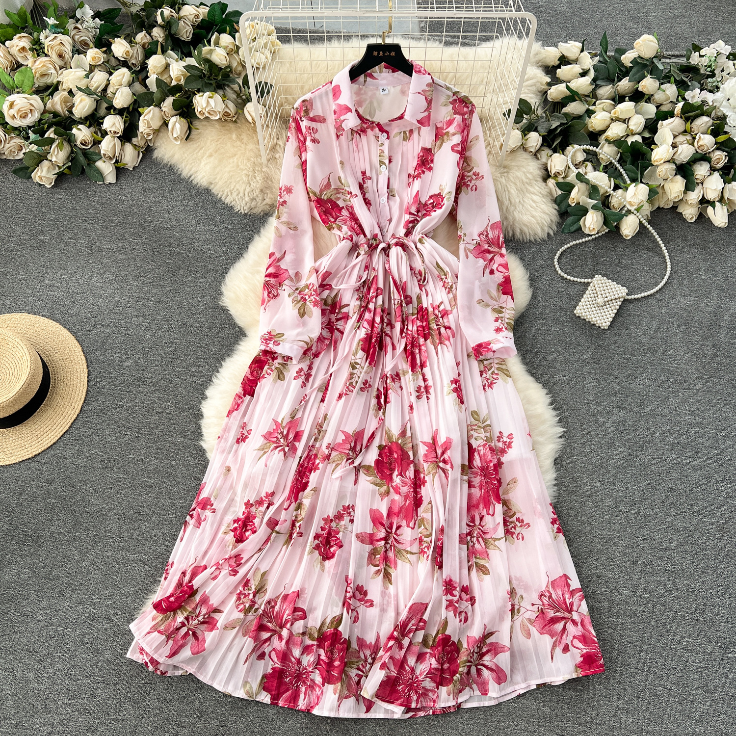 2024 Early Spring New French Style Style Shirt Collar Lace Up Waist Mid length Chiffon Pleated Dress Printed Dress