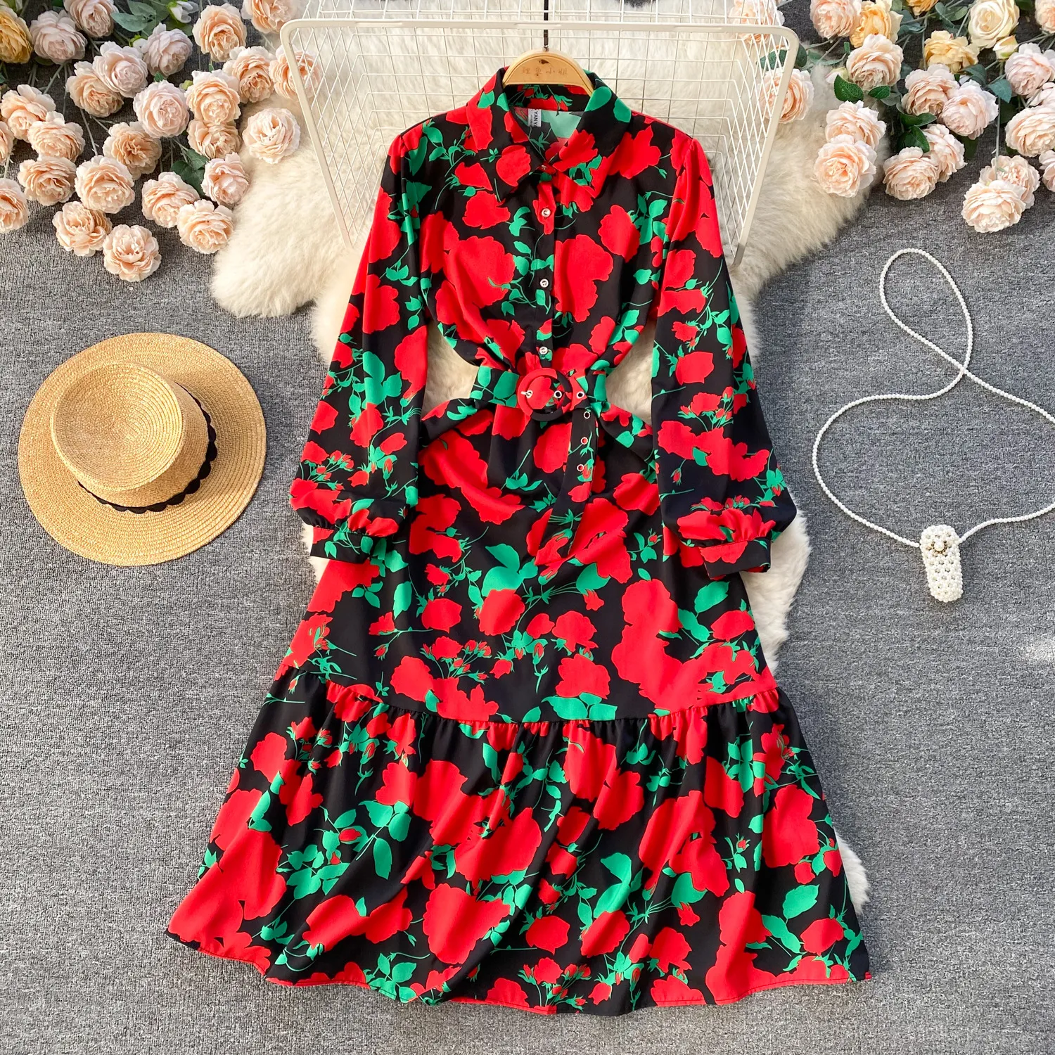 French retro floral platycodon skirt for women in early spring 2024, new shirt collar, slim fit, medium length version with ruffle edge dress