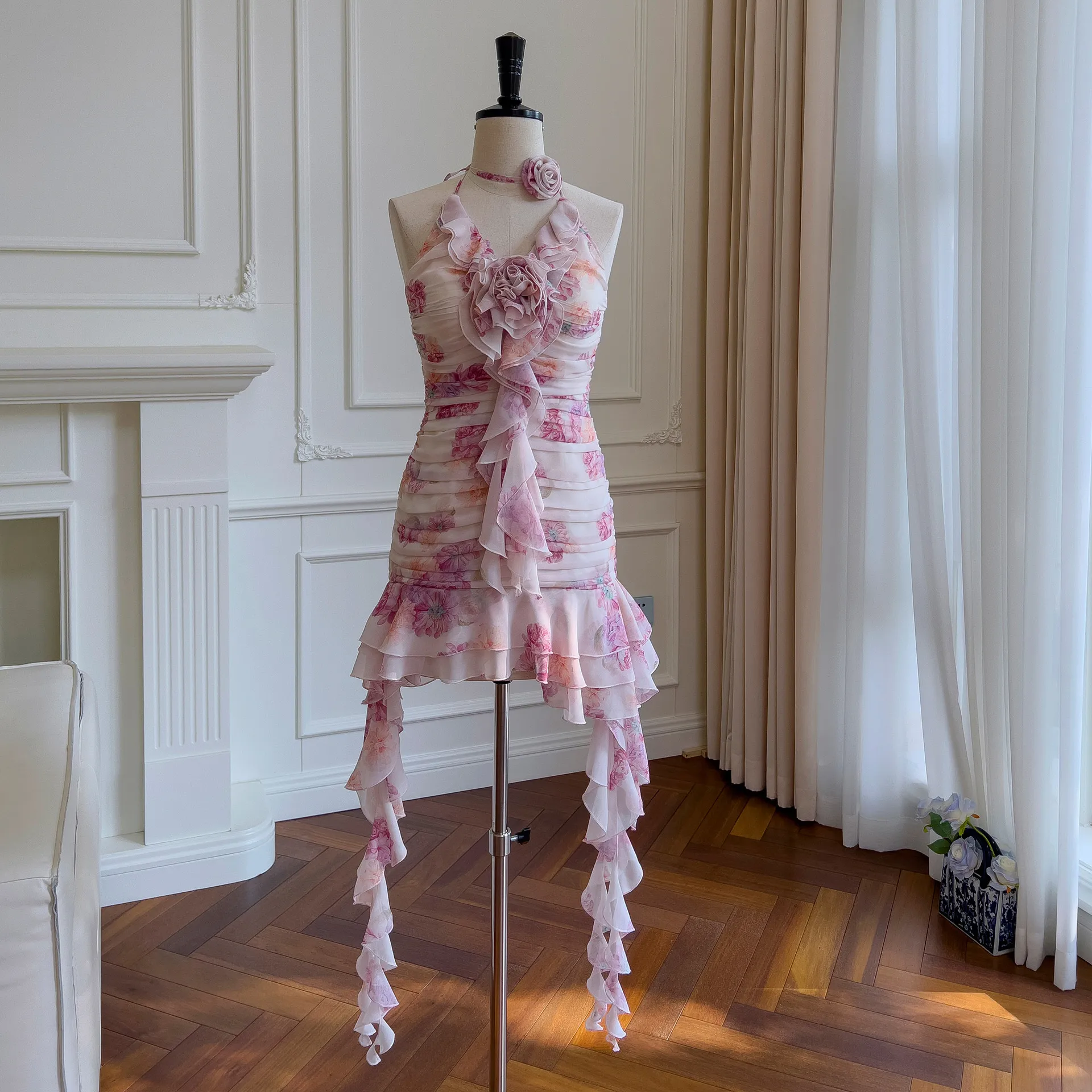 French Irregular Pink Fragmented Flower Lotus Edge Hanging Neck Wrap Hip Chiffon Printed Pleated Flowering Strap Dress 68086
