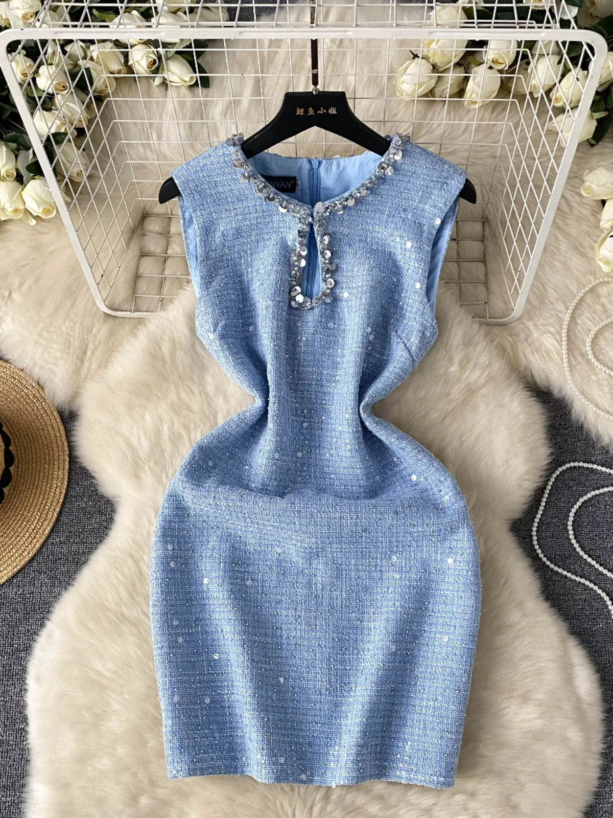 Famous socialite high-end small fragrant style diamond inlaid dress for women's high-end exquisite small dress heavy industry sequin sleeveless vest skirt