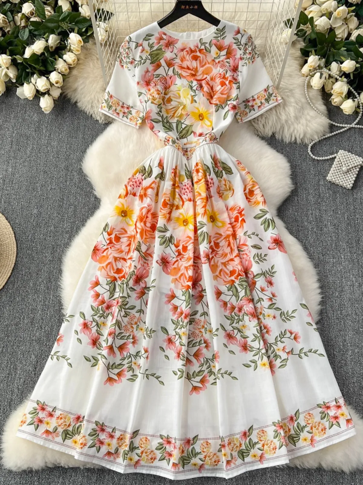 High end women's clothing 2024 summer new French retro palace style printed waist slimming elegant dress