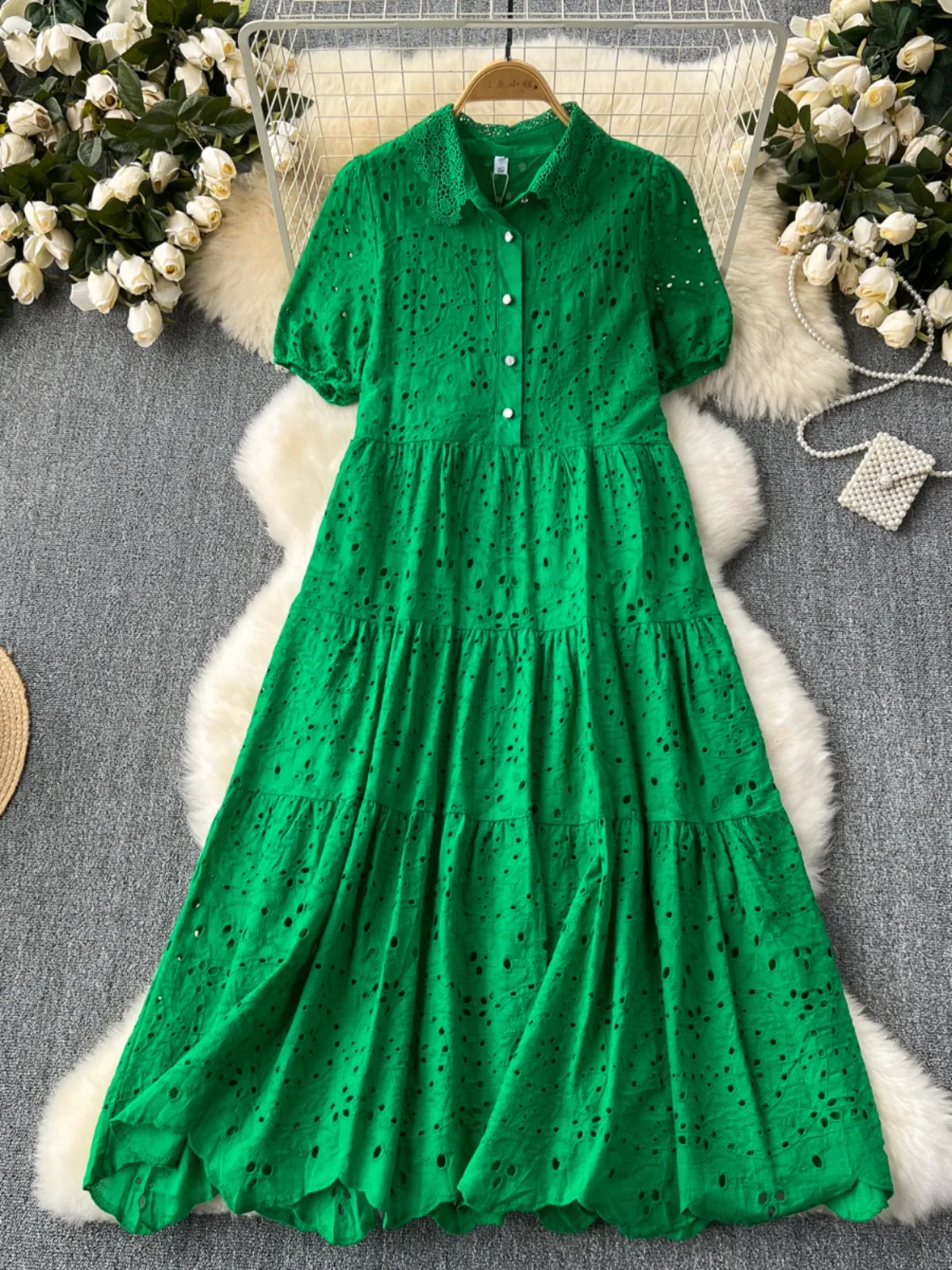 Forest style dress for women's summer wear 2024, new super immortal temperament, age reducing bubble sleeves, hollowed out embroidery French first love dress