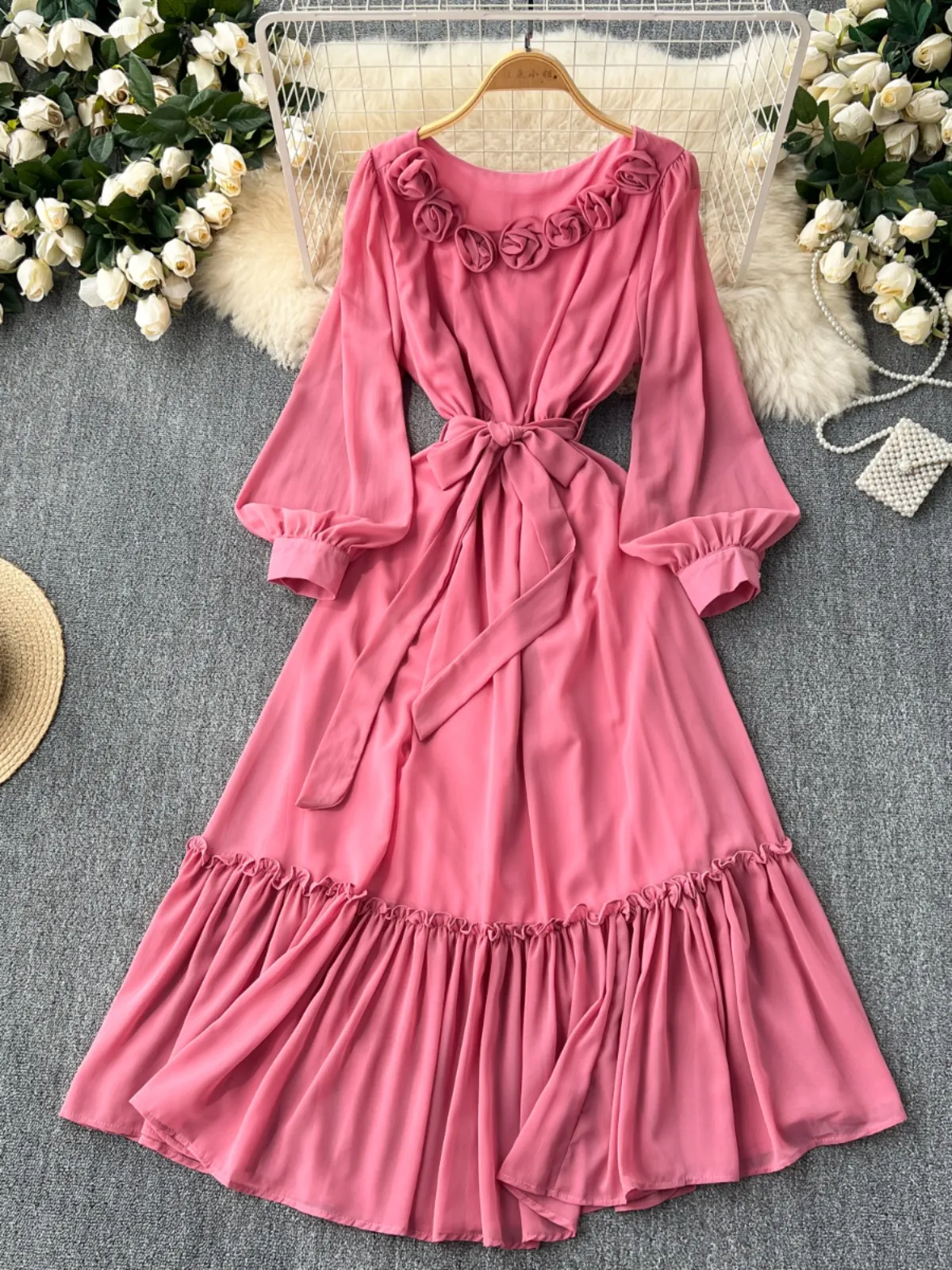 Romantic French haute couture three-dimensional flower slimming temperament long sleeved dress for women with waistband and ruffle edge long skirt