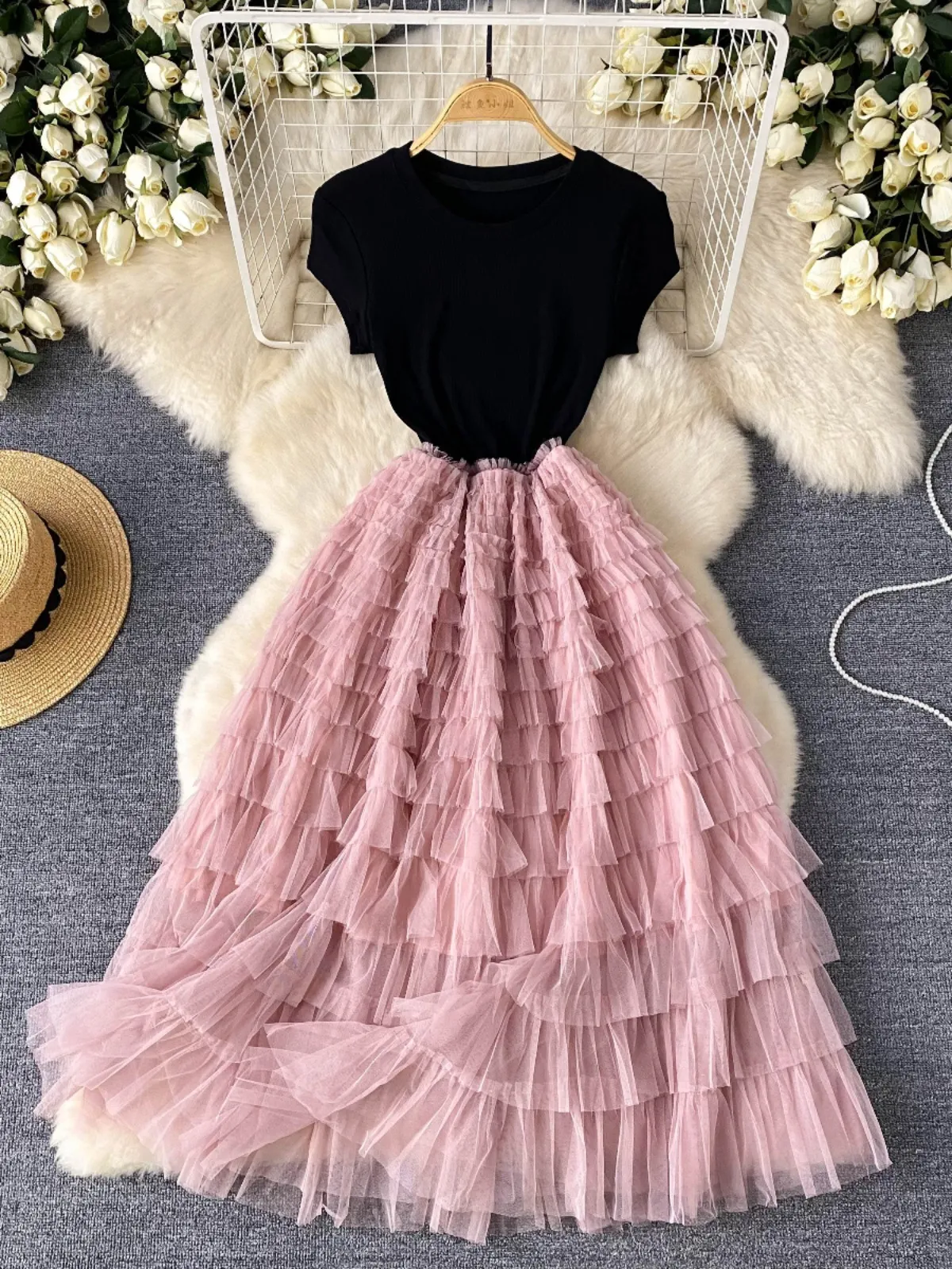 European and American style light luxury high-end dress, women's summer mesh patchwork design, slim waist, super fairy like long skirt