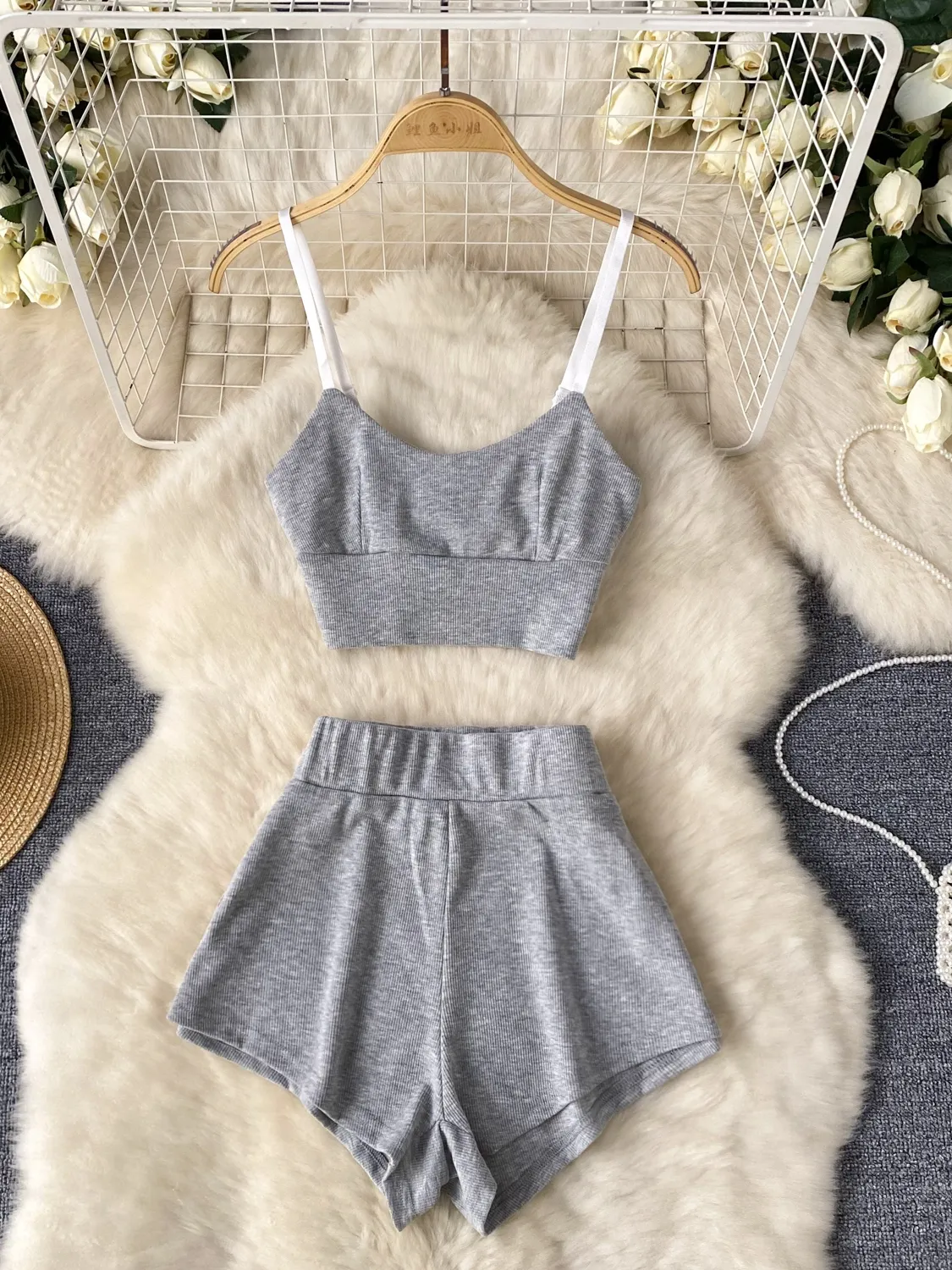 Sweet and Cool Spicy Girl Summer Dress Paired with a Complete Set of Small Waist Short Suspended Tank Top Casual Shorts Two Piece Set