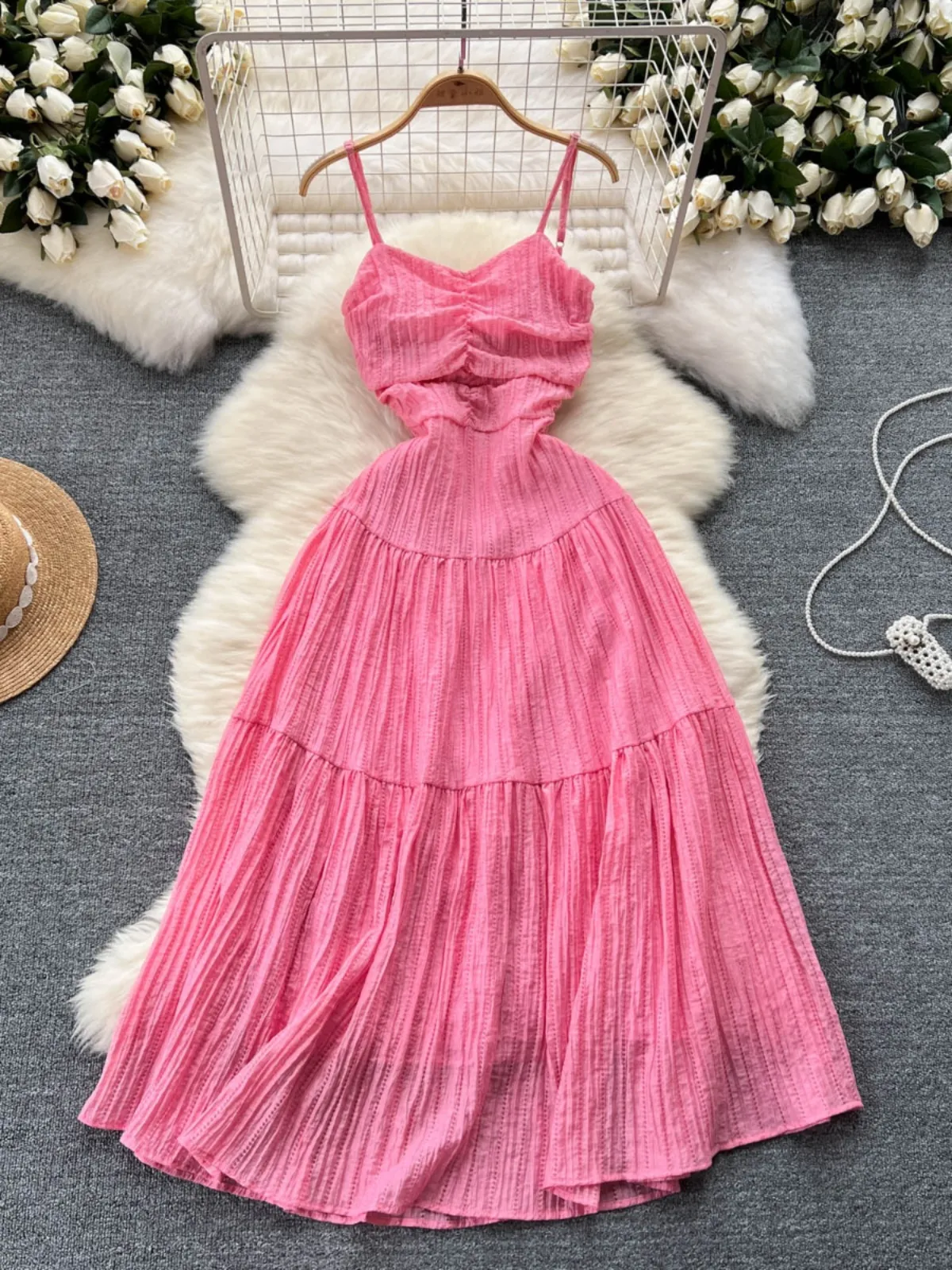 Sweet and Spicy Girl's Vacation Instagram Strap Beach Skirt with Heart Craft Hollow out Tie Strap Waist Collection Super Immortal Pink Dress